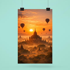 Bagan temple plain at hot air sunrise haze poster 6