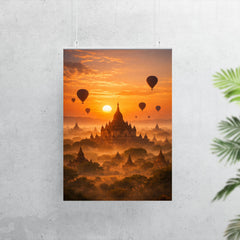 Bagan temple plain at hot air sunrise haze poster 7