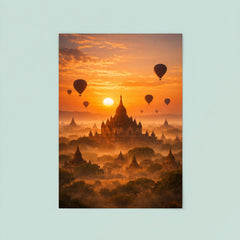 Bagan temple plain at hot air sunrise haze poster 8