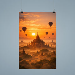 Bagan temple plain at hot air sunrise haze poster 9