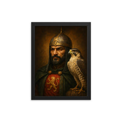 Baibars Mamluk falcon portrait framed print on a plain backdrop in size 12"x16".