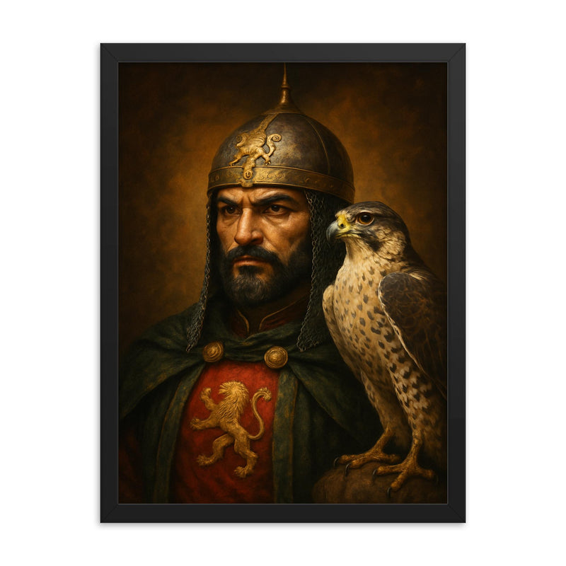 Baibars Mamluk falcon portrait framed print on a plain backdrop in size 18