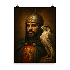 Baibars Mamluk falcon portrait poster on a plain backdrop in size 8"x10".