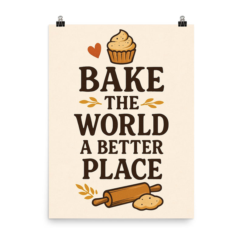 Bake the world a better place poster on a plain backdrop in size 8