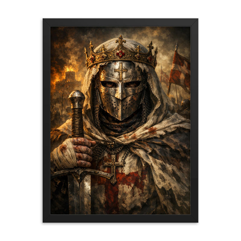 Baldwin IV masked leper king portrait framed print on a plain backdrop in size 18