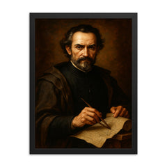 Baltasar Gracián baroque strategist portrait framed print on a plain backdrop in size 18"x24".