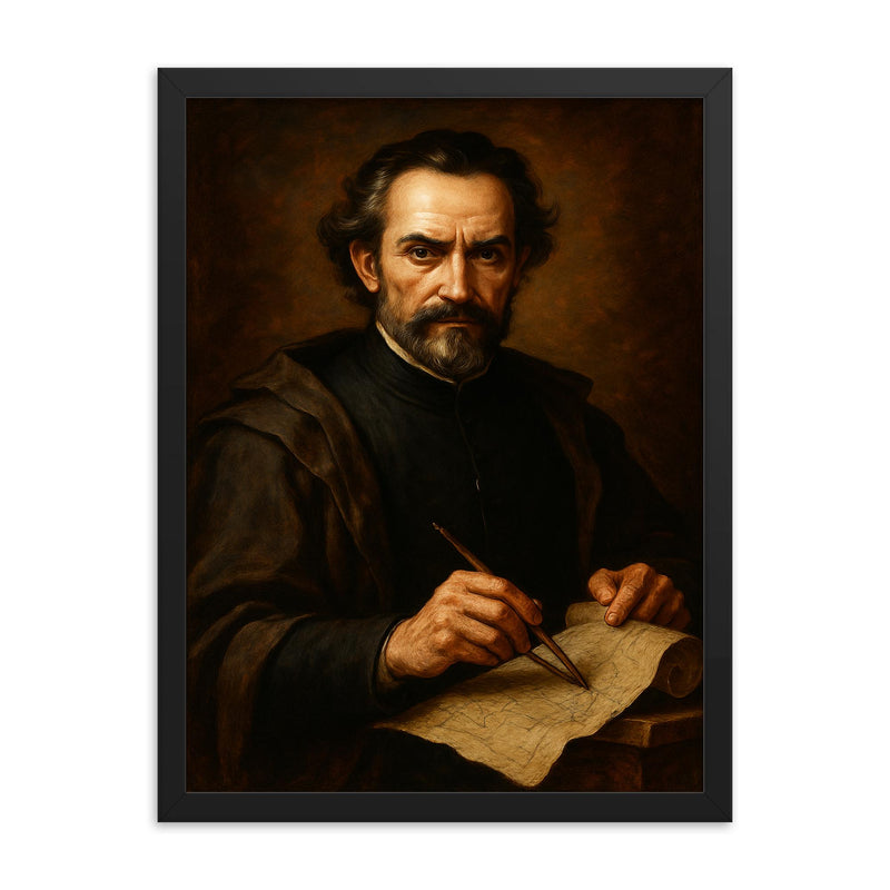 Baltasar Gracián baroque strategist portrait framed print on a plain backdrop in size 18