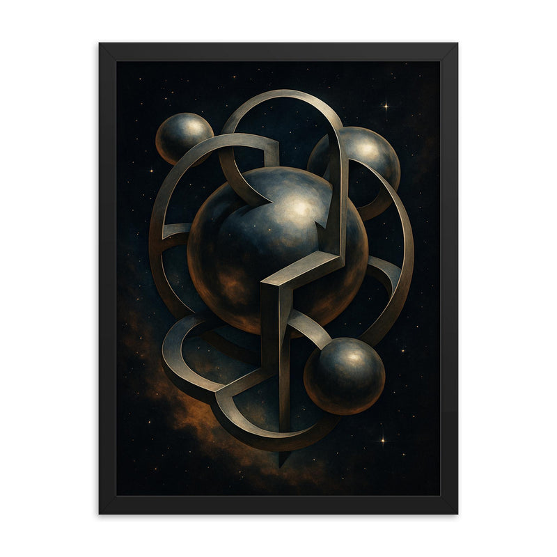 Banach Tarski paradox visualized with impossible spheres framed print on a plain backdrop in size 18