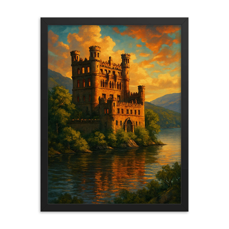 Bannerman Castle New York USA framed print on a plain backdrop in size 18