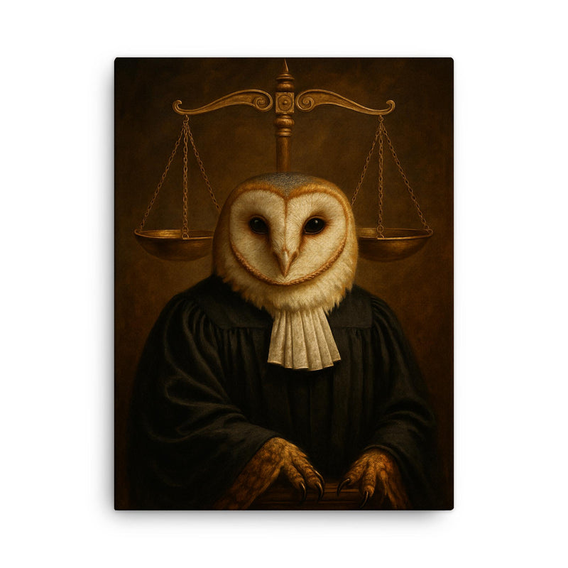 Barn owl judge beneath scales of justice canvas print on a plain backdrop in size 18