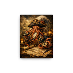 Baroque octopus admiral over naval charts canvas print on a plain backdrop in size 12"x16".
