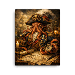 Baroque octopus admiral over naval charts canvas print on a plain backdrop in size 16"x20".