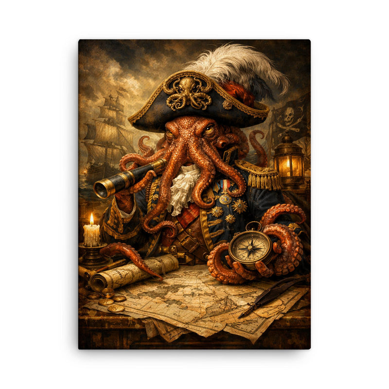 Baroque octopus admiral over naval charts canvas print on a plain backdrop in size 18