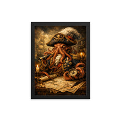 Baroque octopus admiral over naval charts framed print on a plain backdrop in size 12"x16".