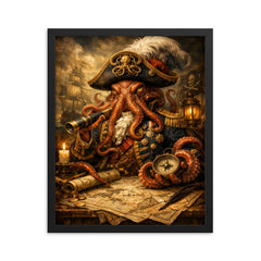Baroque octopus admiral over naval charts framed print on a plain backdrop in size 16"x20".