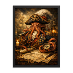 Baroque octopus admiral over naval charts framed print on a plain backdrop in size 18"x24".