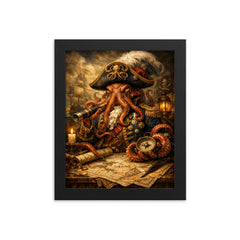 Baroque octopus admiral over naval charts framed print on a plain backdrop in size 8"x10".
