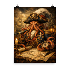 Baroque octopus admiral over naval charts poster on a plain backdrop in size 8"x10".