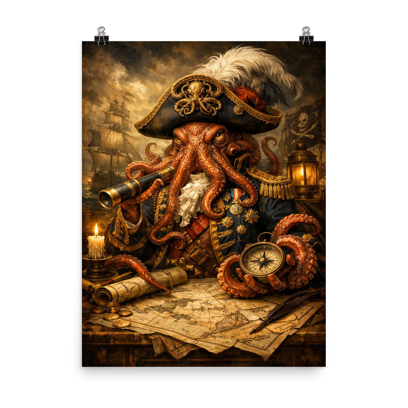 Baroque octopus admiral over naval charts poster on a plain backdrop in size 8