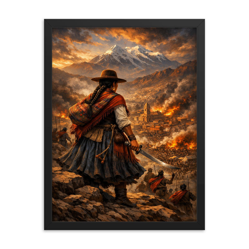 Bartolina Sisa overlooking besieged La Paz framed print on a plain backdrop in size 18