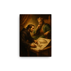 Bartolomeu de Gusmao sketching flying machine before king canvas print on a plain backdrop in size 12"x16".
