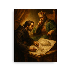 Bartolomeu de Gusmao sketching flying machine before king canvas print on a plain backdrop in size 16"x20".