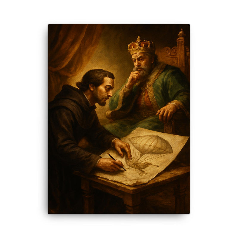 Bartolomeu de Gusmao sketching flying machine before king canvas print on a plain backdrop in size 18