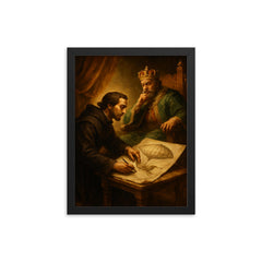 Bartolomeu de Gusmao sketching flying machine before king framed print on a plain backdrop in size 12"x16".