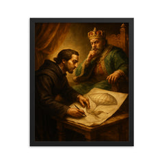 Bartolomeu de Gusmao sketching flying machine before king framed print on a plain backdrop in size 16"x20".