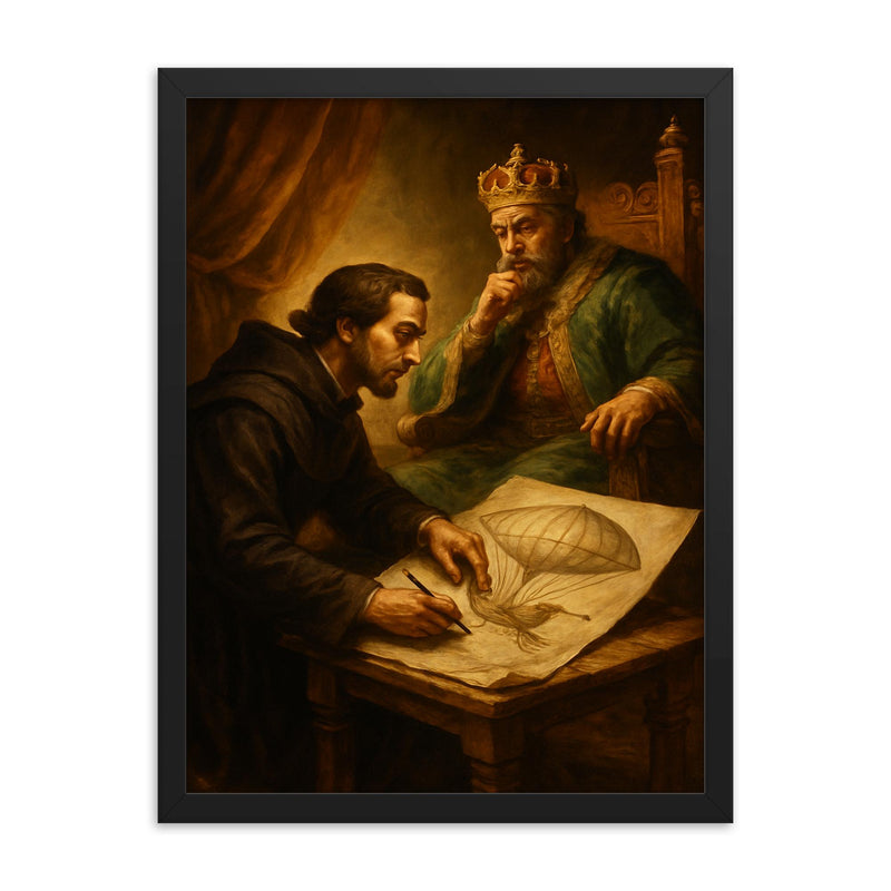 Bartolomeu de Gusmao sketching flying machine before king framed print on a plain backdrop in size 18