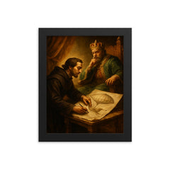 Bartolomeu de Gusmao sketching flying machine before king framed print on a plain backdrop in size 8"x10".
