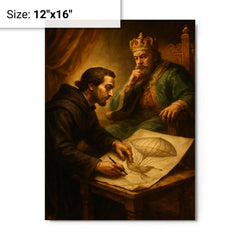 Bartolomeu de Gusmao sketching flying machine before king metal print on a plain backdrop in size 12"x16".