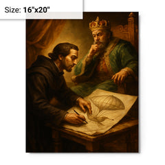 Bartolomeu de Gusmao sketching flying machine before king metal print on a plain backdrop in size 16"x20".