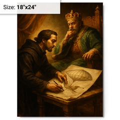 Bartolomeu de Gusmao sketching flying machine before king metal print on a plain backdrop in size 18"x24".