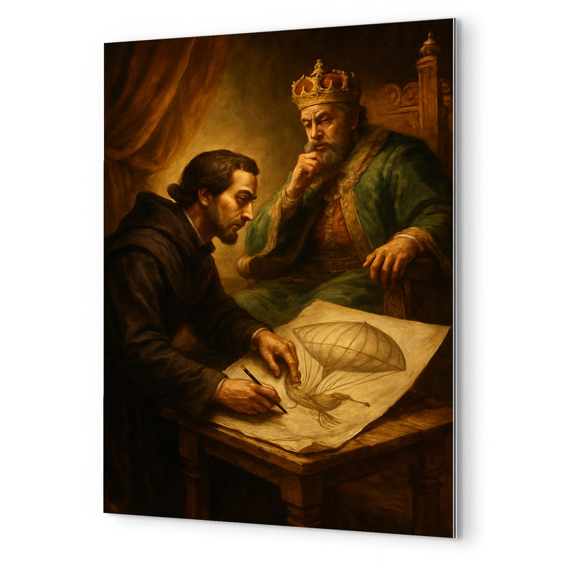 Bartolomeu de Gusmao sketching flying machine before king metal print mockup