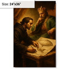 Bartolomeu de Gusmao sketching flying machine before king metal print on a plain backdrop in size 24"x36".