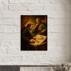 Bartolomeu de Gusmao sketching flying machine before king metal print mockup