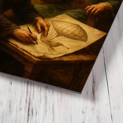 Bartolomeu de Gusmao sketching flying machine before king metal print mockup