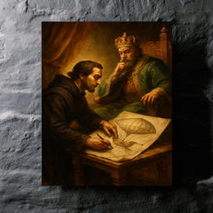 Bartolomeu de Gusmao sketching flying machine before king metal print mockup