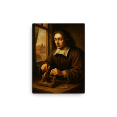Baruch Spinoza grinding lenses by window canvas print on a plain backdrop in size 12"x16".