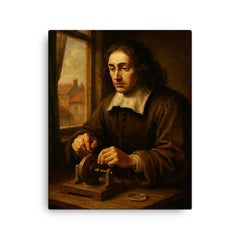 Baruch Spinoza grinding lenses by window canvas print on a plain backdrop in size 16"x20".