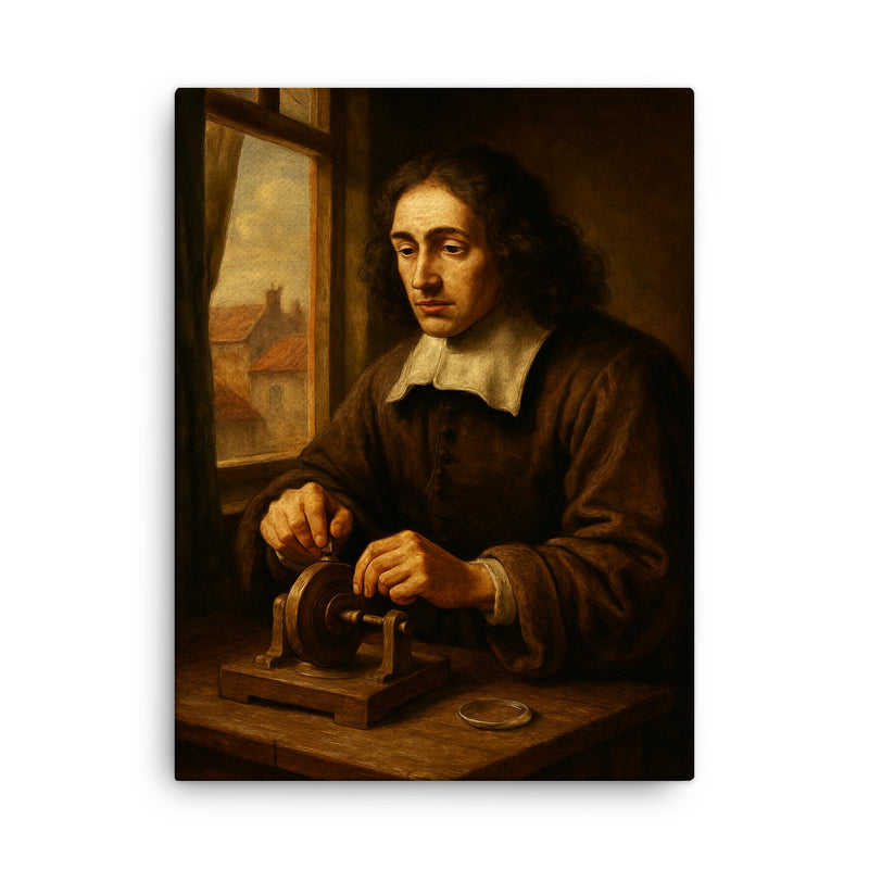 Baruch Spinoza grinding lenses by window canvas print on a plain backdrop in size 18