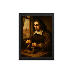 Baruch Spinoza grinding lenses by window framed print on a plain backdrop in size 12"x16".
