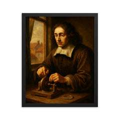 Baruch Spinoza grinding lenses by window framed print on a plain backdrop in size 16"x20".