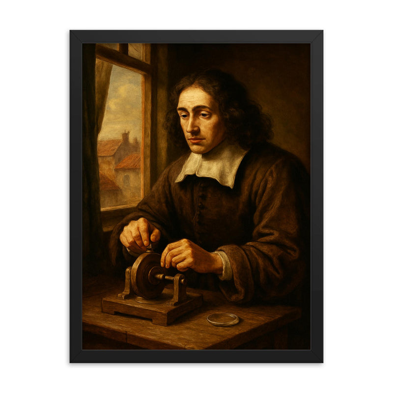Baruch Spinoza grinding lenses by window framed print on a plain backdrop in size 18