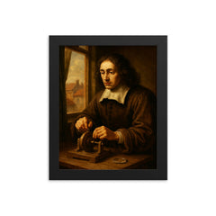 Baruch Spinoza grinding lenses by window framed print on a plain backdrop in size 8"x10".