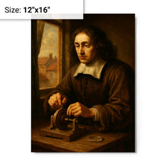 Baruch Spinoza grinding lenses by window metal print on a plain backdrop in size 12"x16".