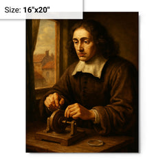 Baruch Spinoza grinding lenses by window metal print on a plain backdrop in size 16"x20".