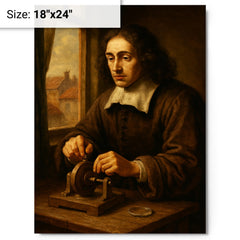 Baruch Spinoza grinding lenses by window metal print on a plain backdrop in size 18"x24".