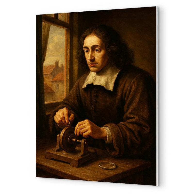 Baruch Spinoza grinding lenses by window metal print mockup